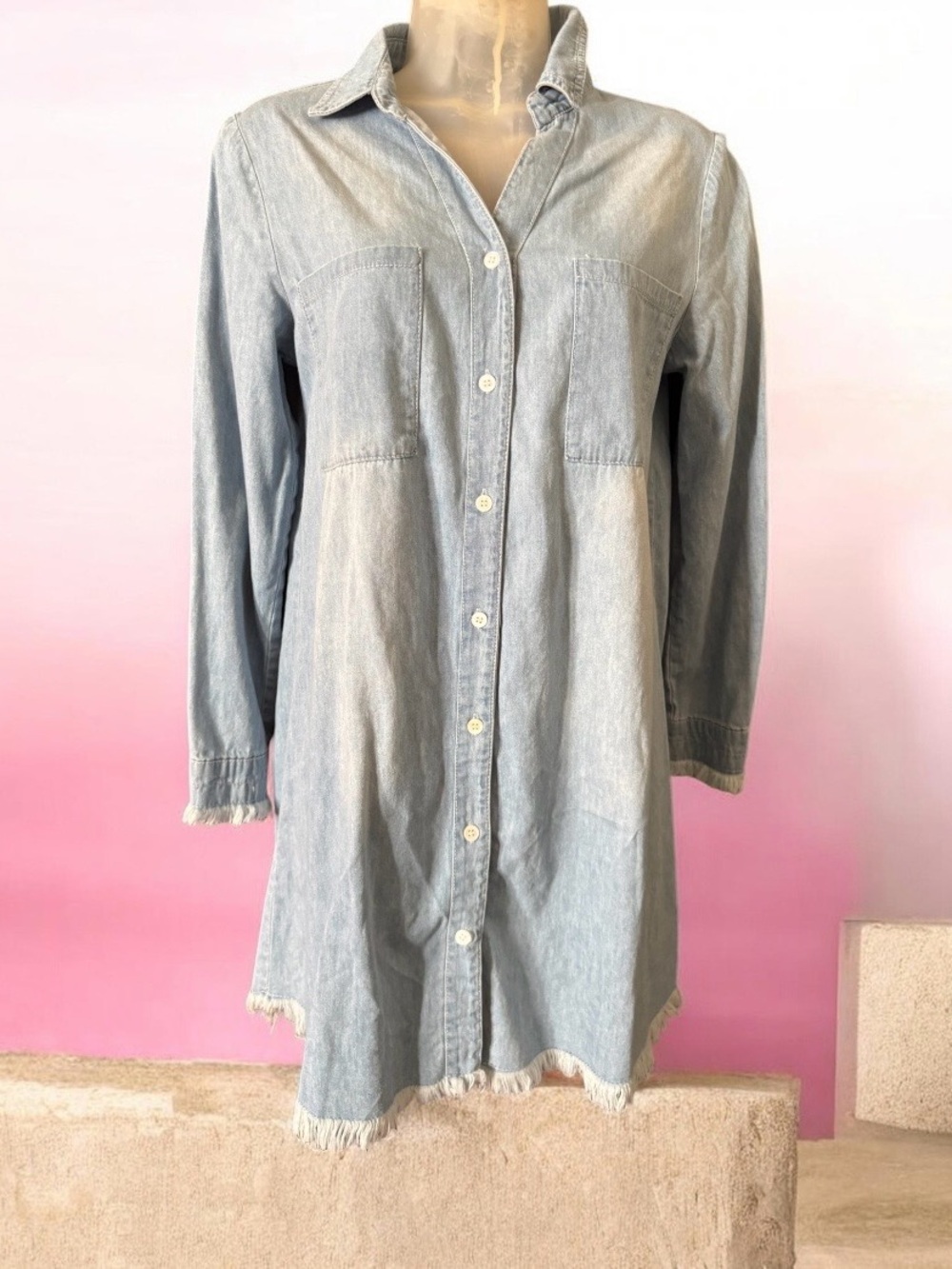 Zilcremo Dress Womens S light Blue Denim Longline Frayed Hem Shirt Dress